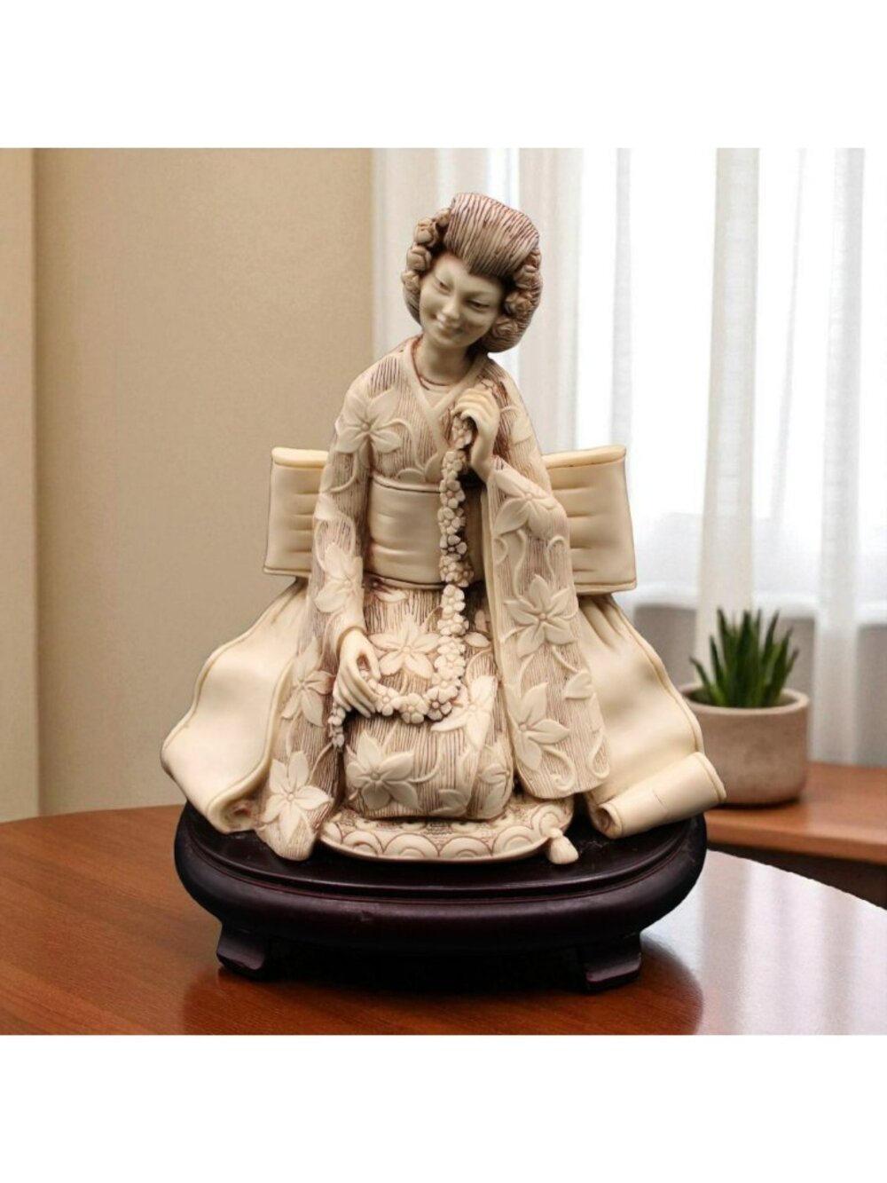 Vintage Ivory Tone Japanese Geisha Woman Resin Figurine Kimono Cherry Wood Base
